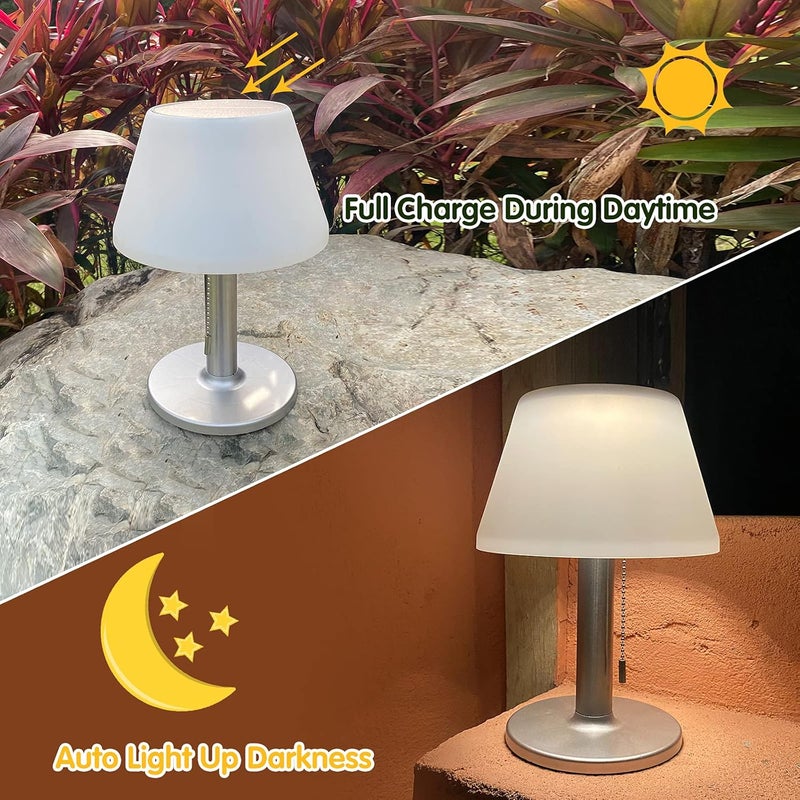 shumi Solar Table Lamp Outdoor Indoor - 3 Lighting Modes, Eye-Caring LED Waterproof Cordless Solar Desk Lamp with Pull Chain for Outside Patio Garden Bedroom Living Room(White Modern Decor) - Image 3
